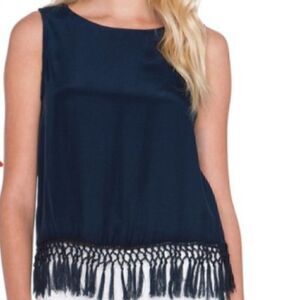 Amour Vert navy blue silk top with black fringes